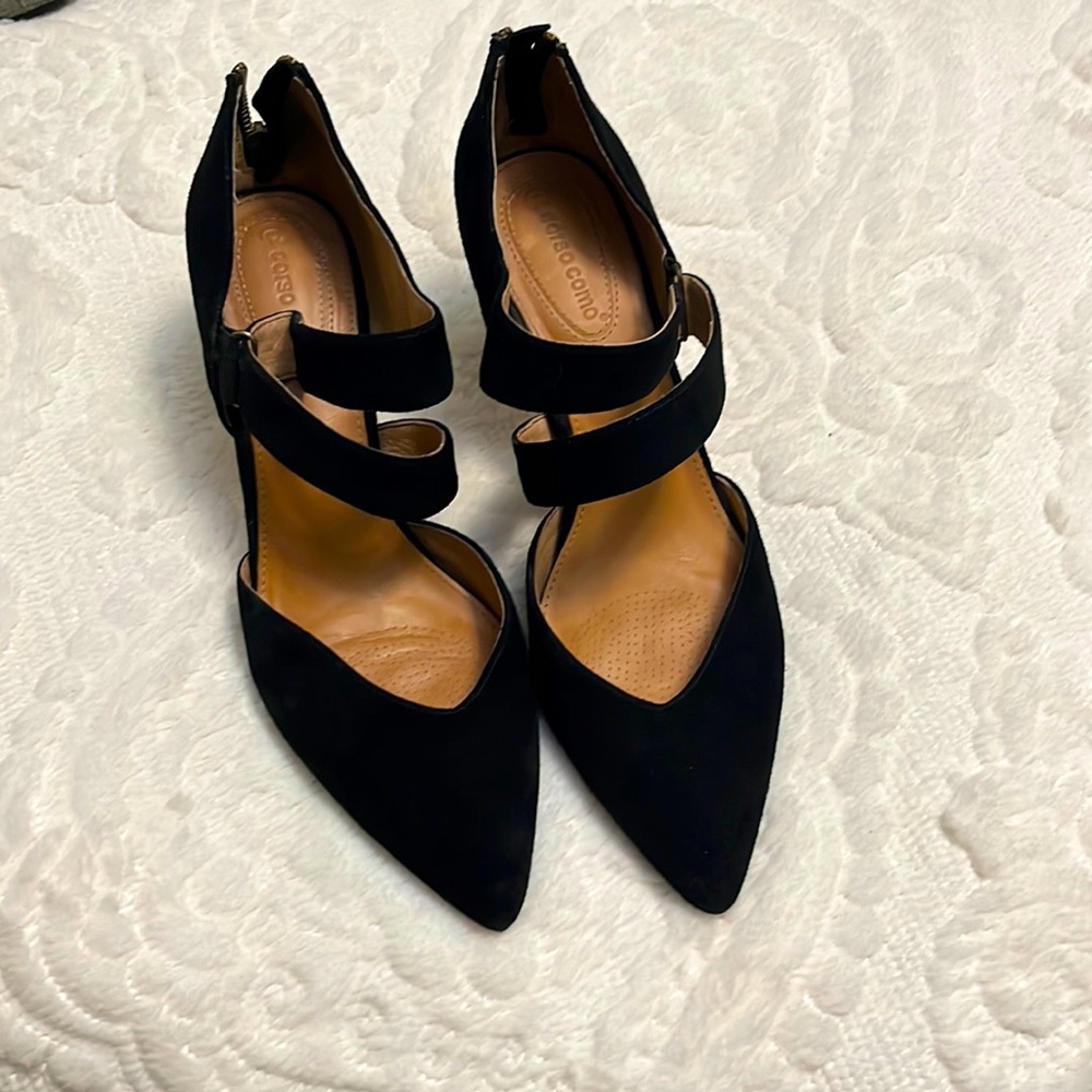 Corso Como suede heels with crisscross strap and zipper back.